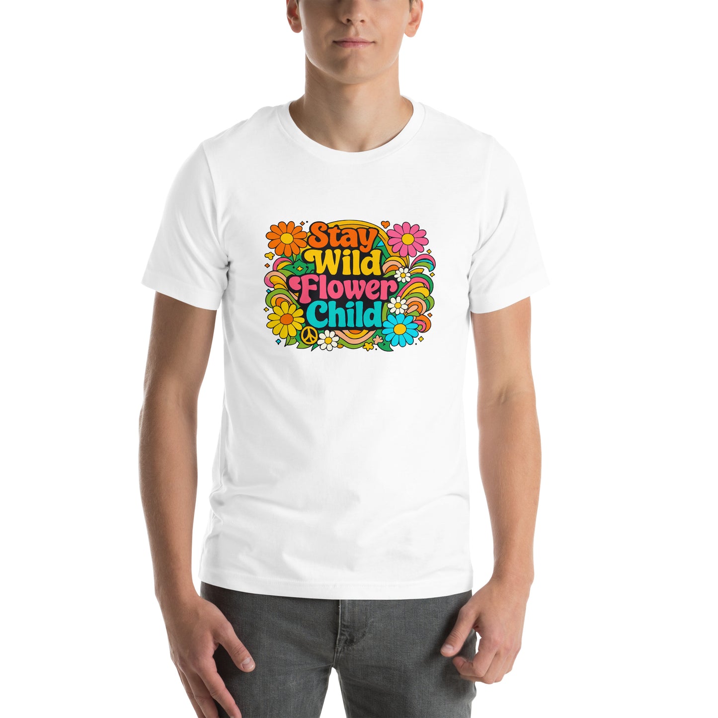 Retro Stay Wild Flower Child t-shirt design with colorful 70s psychedelic flowers and groovy yellow and blue lettering.