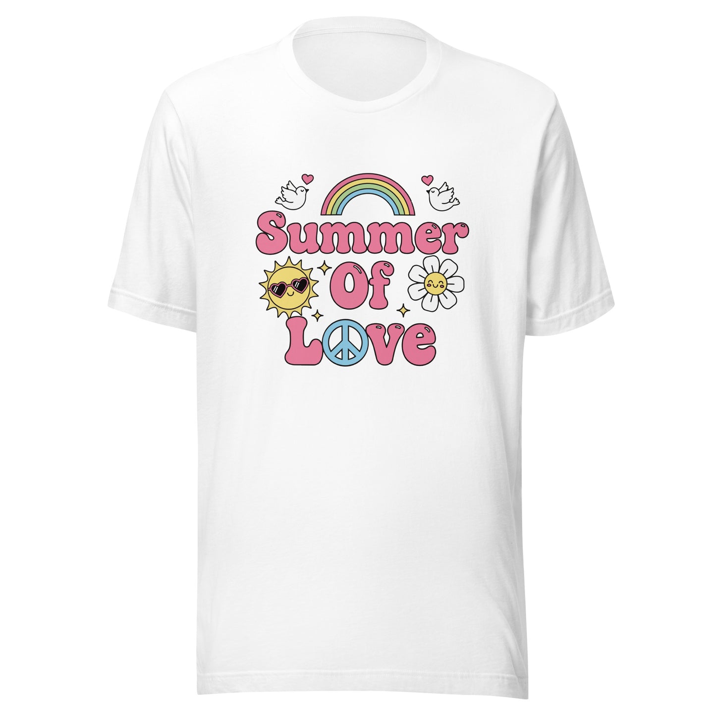 "Summer of Love" retro graphic with pink bubble text, a rainbow, and a smiling sun on a high-quality cotton T-shirt.