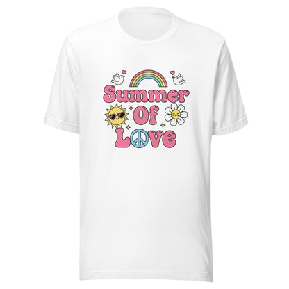 "Summer of Love" retro graphic with pink bubble text, a rainbow, and a smiling sun on a high-quality cotton T-shirt.