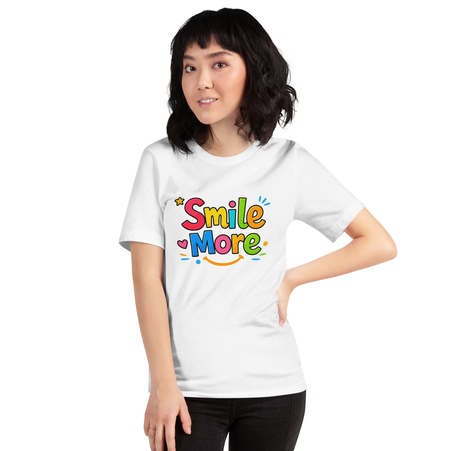 Smile More, bubbly lettering with a yellow sun-smile and pink heart on a black cotton t-shirt.