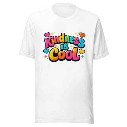 Vibrant "Kindness is Cool" typography design with colorful bubble letters, hearts, and stars on a black background.