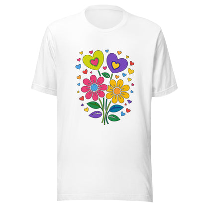 Retro 70s psychedelic flower power bouquet with vibrant pink and yellow daisies and hearts on a black graphic t-shirt.