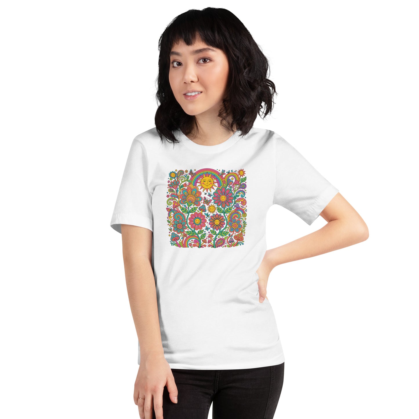 Retro 70s psychedelic style illustration with colorful smiling flowers, a happy sun, vibrant rainbows, and mushrooms.