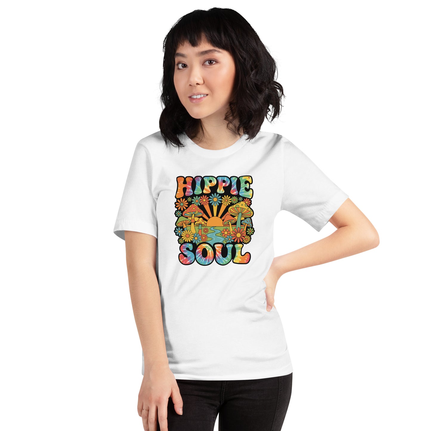 Tie-dye text reading Hippie Soul surrounded by colorful retro mushrooms, daisies, and a sunrise on a black background