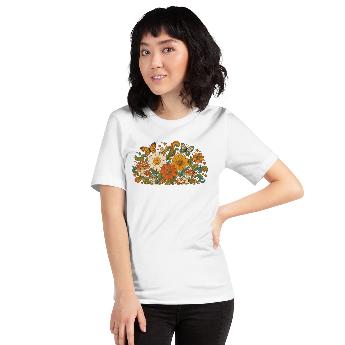 70s retro psychedelic floral t-shirt artwork featuring smiling daisies, butterflies, and colorful mushrooms.