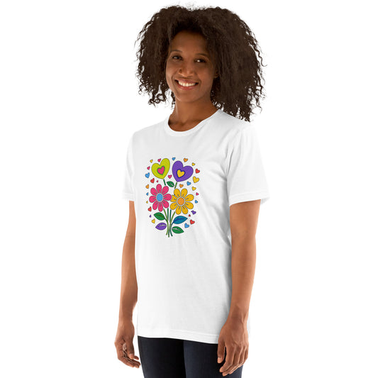Retro 70s psychedelic flower power bouquet with vibrant pink and yellow daisies and hearts on a black graphic t-shirt.