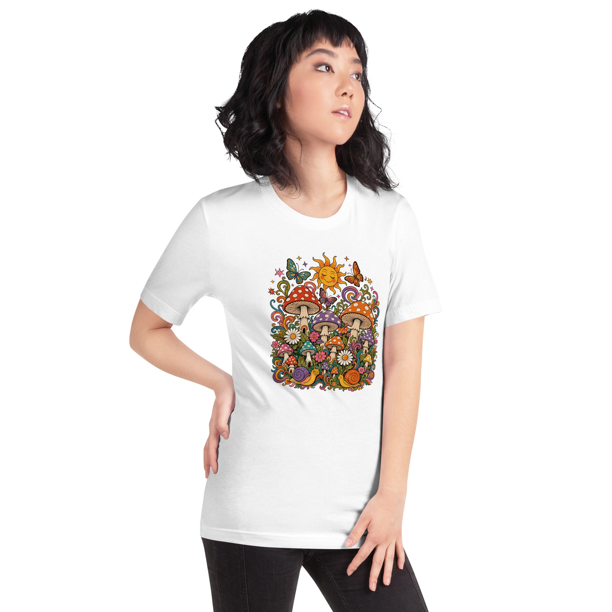 Retro 70s t-shirt graphic with colorful psychedelic mushrooms, smiling snails, butterflies, flowers, and a bright sun.