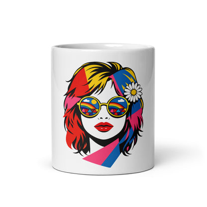 Retro pop art woman with rainbow sunglasses and a white daisy on a ceramic coffee mug from Far Out Goods.