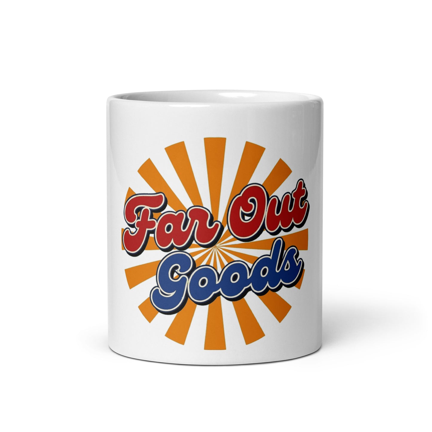 Far Out Goods retro logo mug with red and blue 70s-style script over an orange and yellow sunburst design.