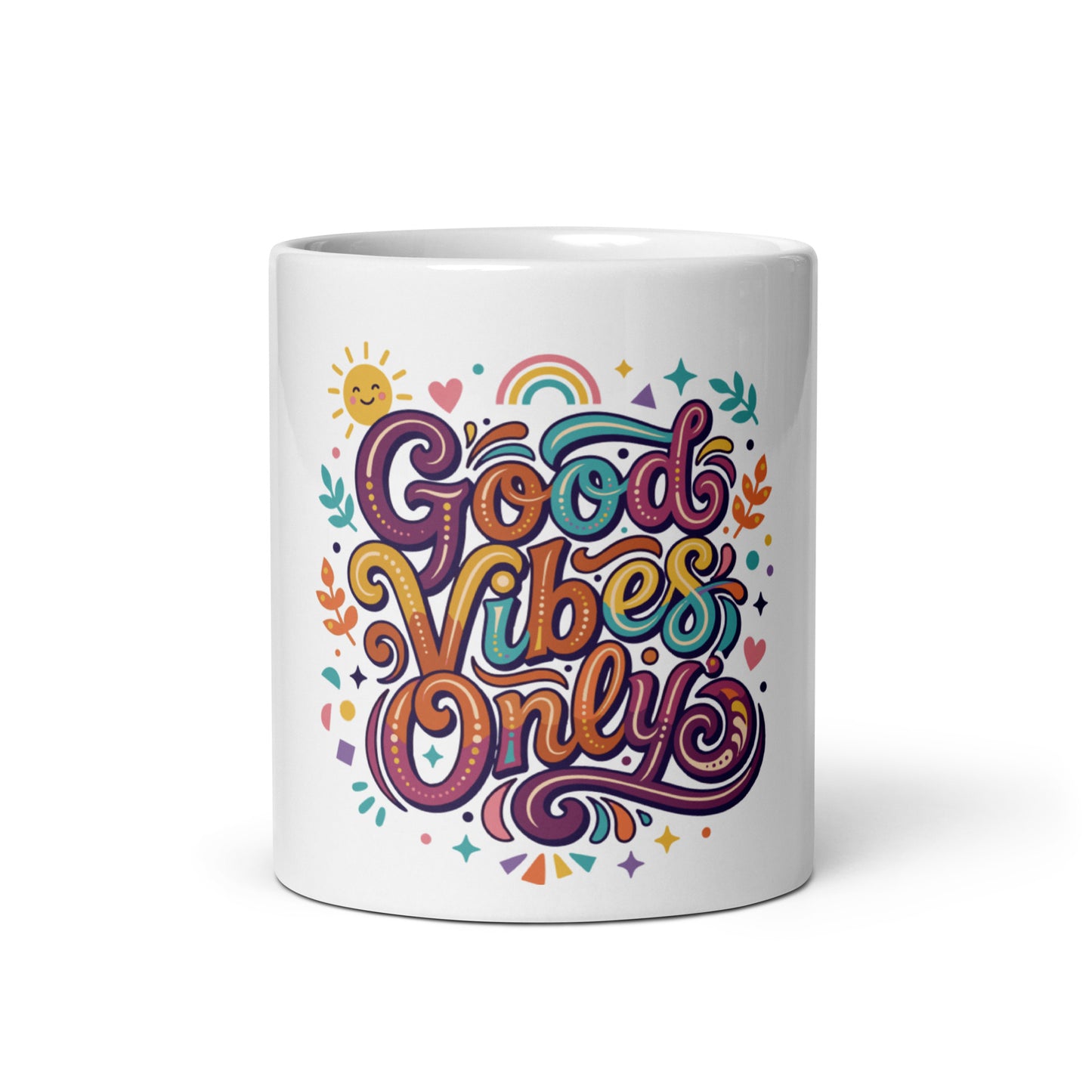 Retro coffee mug featuring 'Good Vibes Only' text in groovy lettering with rainbows, suns, and colorful stars.