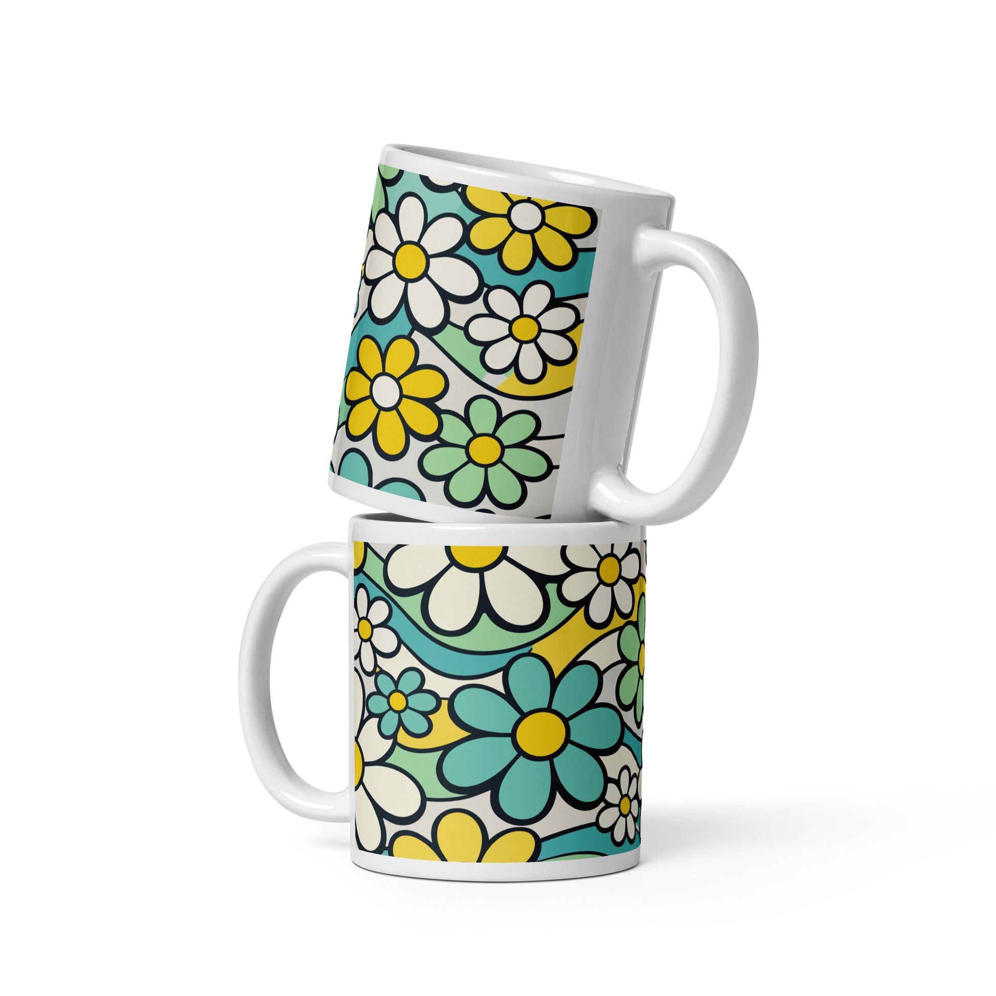 Seamless 70s retro floral pattern mug with teal and yellow daisies and wavy lines on a light background.