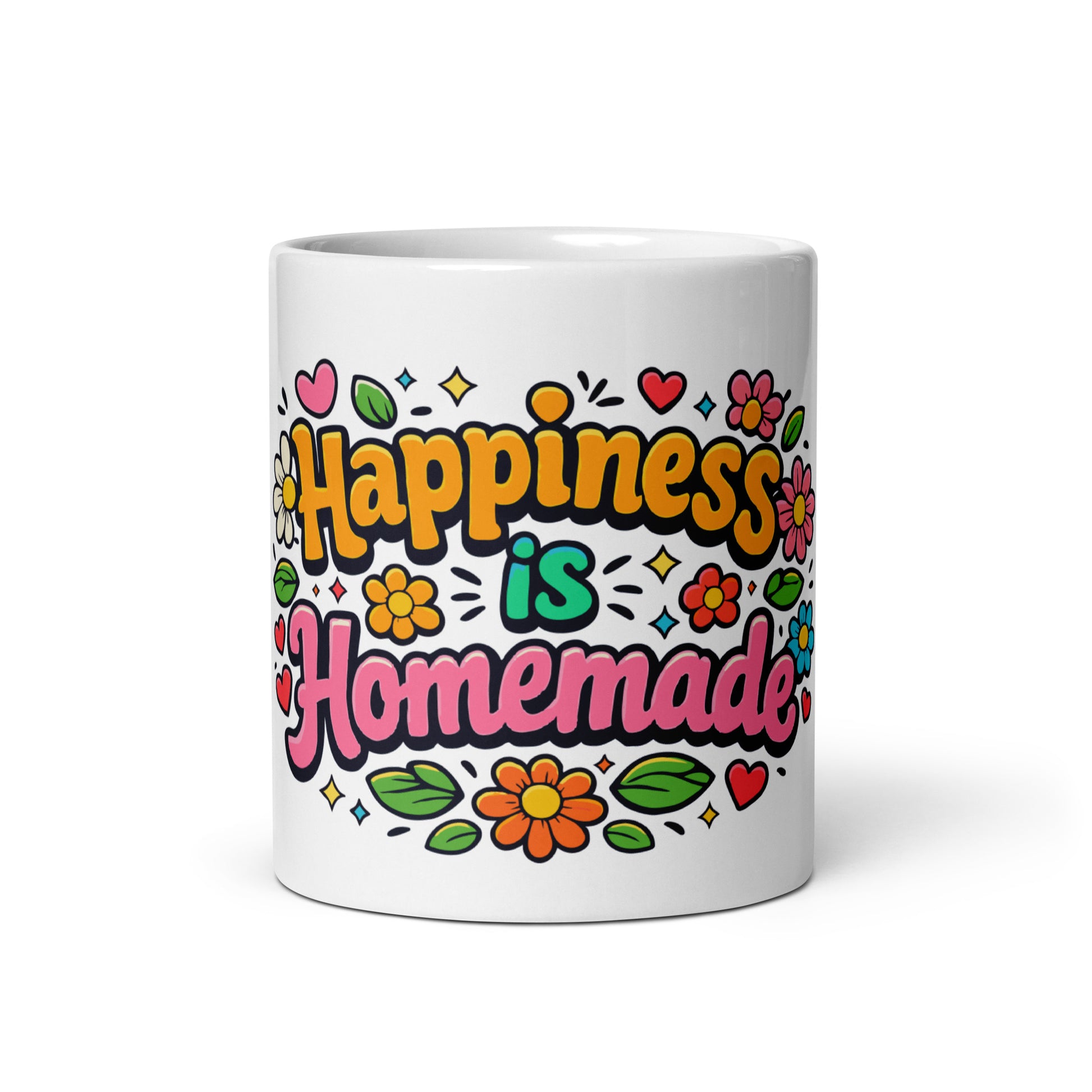 Retro coffee mug featuring 'Happiness is Homemade' text with 70s-style flowers and hearts on a black background.