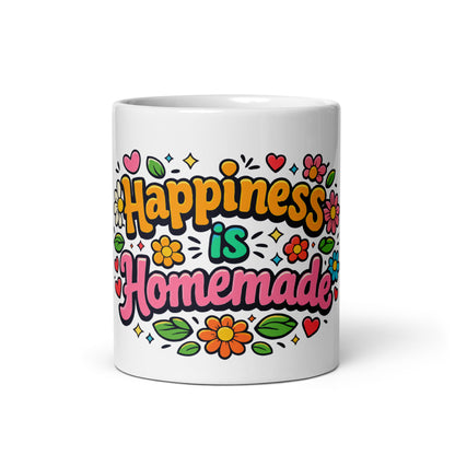 Retro coffee mug featuring 'Happiness is Homemade' text with 70s-style flowers and hearts on a black background.