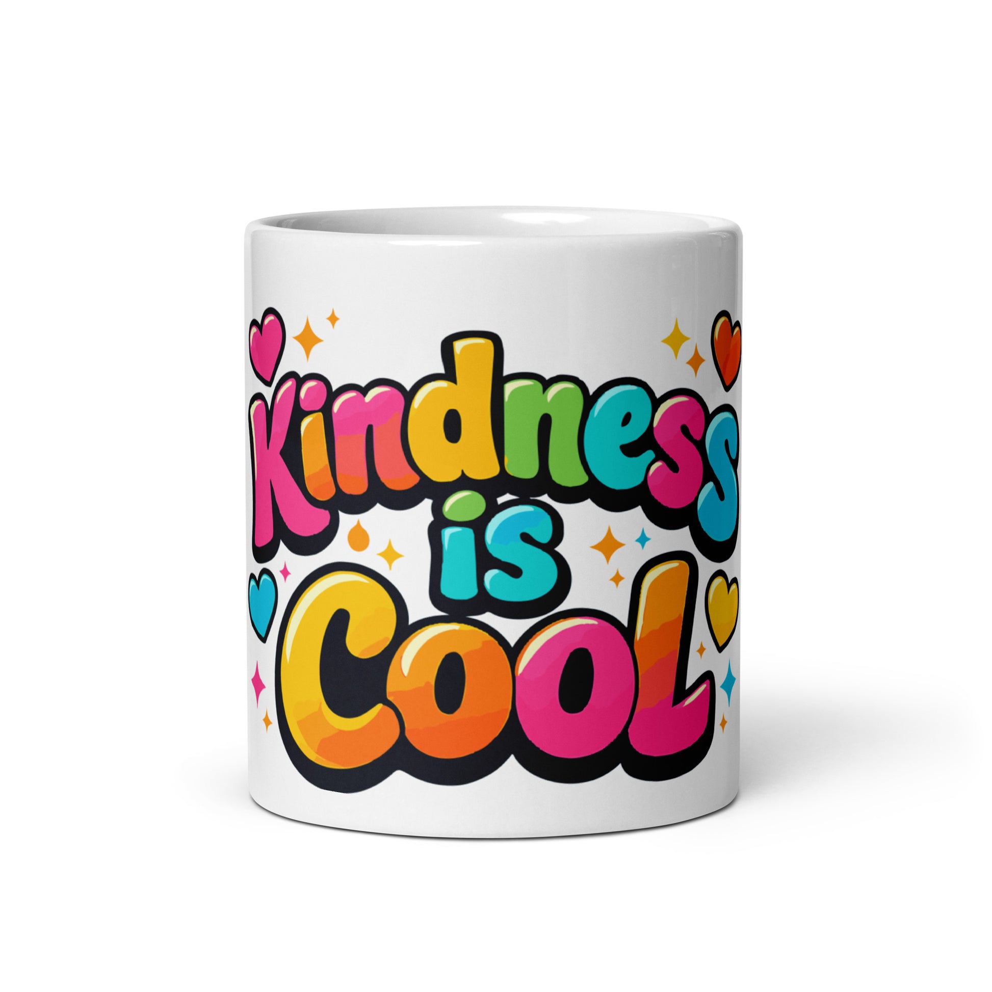 3D bubble lettering saying Kindness is Cool with colorful hearts and stars on a black background for a coffee mug., Faroutgoods