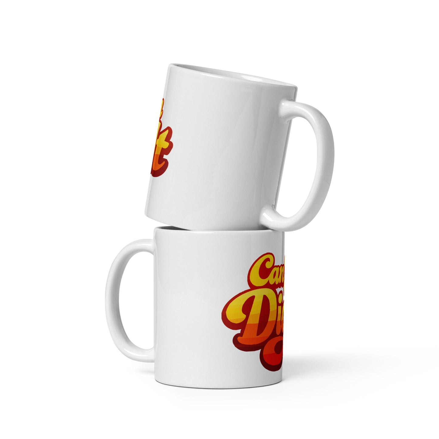 Retro sunset gradient typography reading Can You Dig It in bold orange and yellow groovy letters on a ceramic mug.