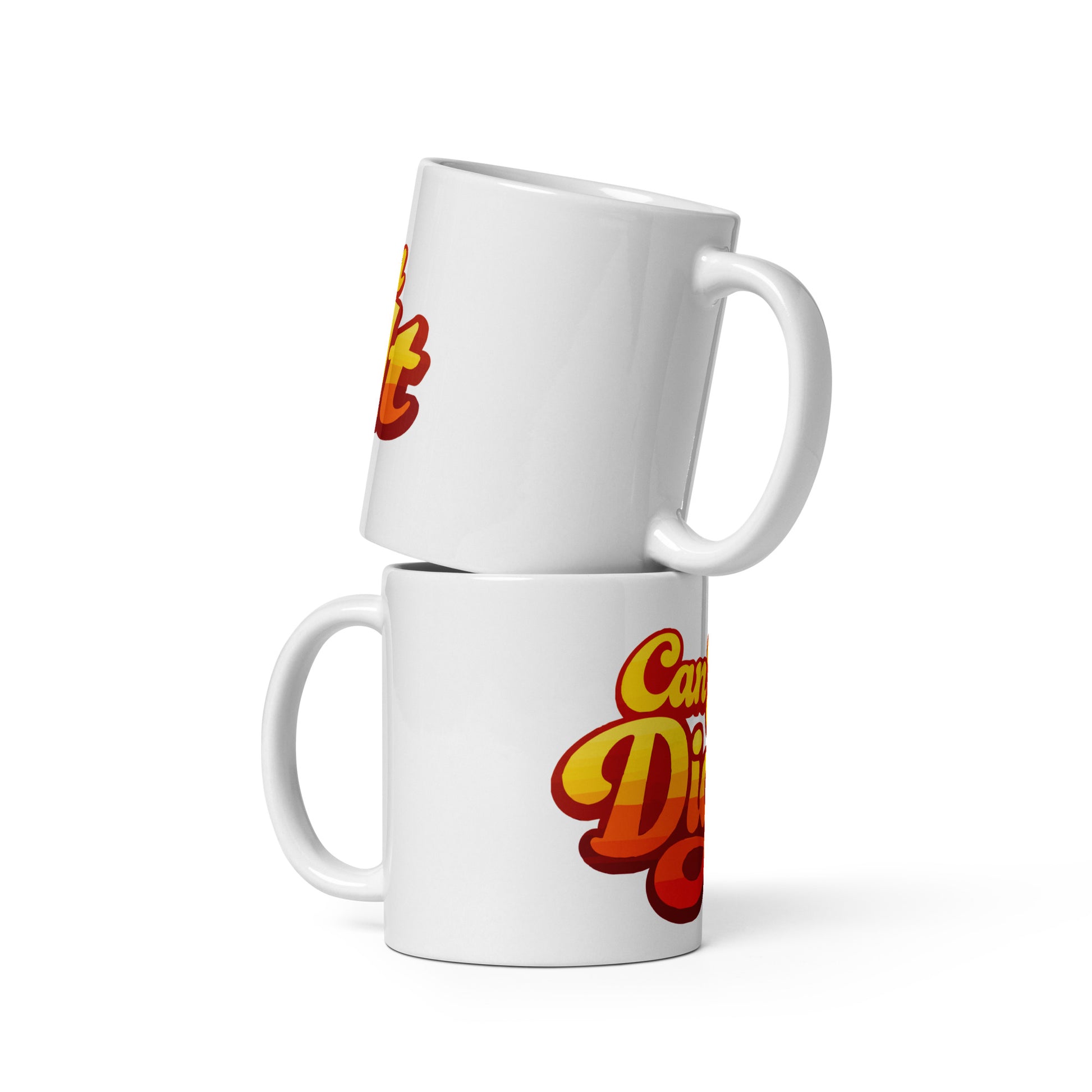 Retro sunset gradient typography reading Can You Dig It in bold orange and yellow groovy letters on a ceramic mug.