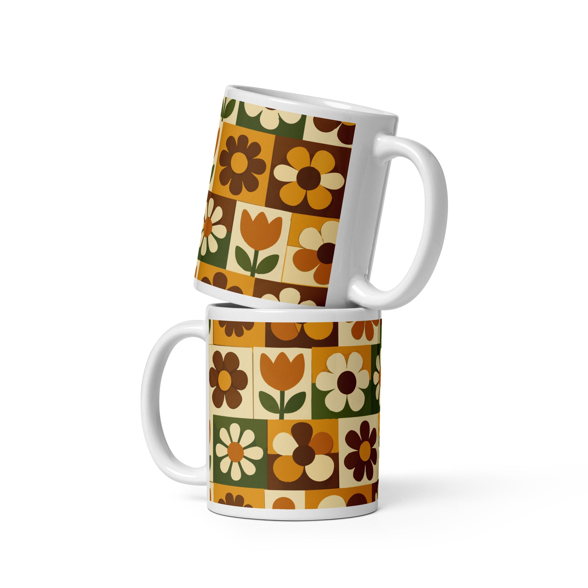 Ceramic mug featuring a 1970s retro floral grid pattern with groovy flowers in orange, brown, and olive green.