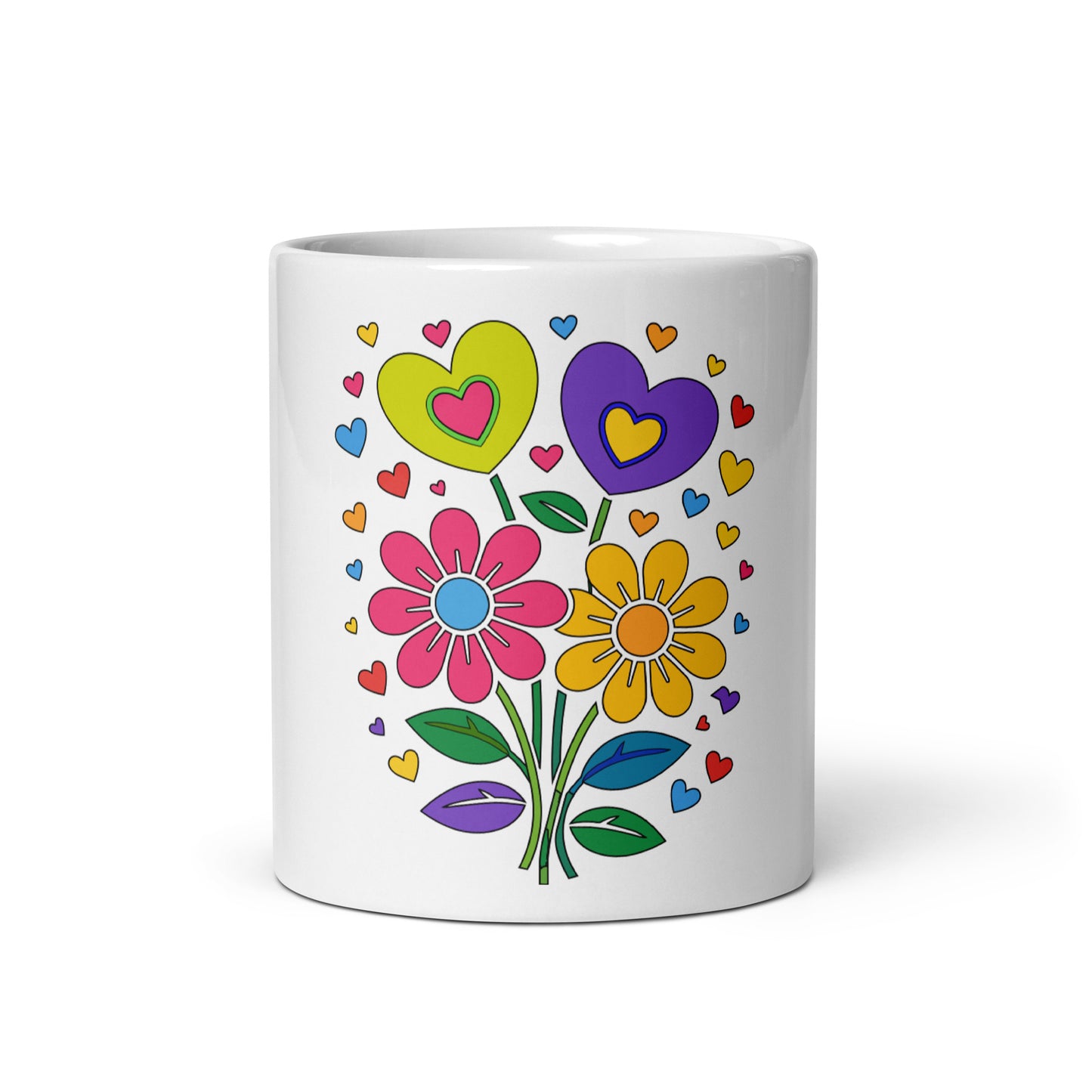 Bright 70s retro style illustration of pink and yellow daisy flowers with colorful heart bouquets on a black background