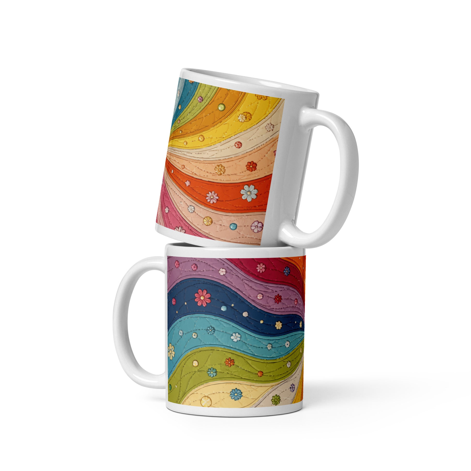 Ceramic mug with a colorful retro 70s quilted rainbow swirl design featuring stitched details and small vintage flowers.
