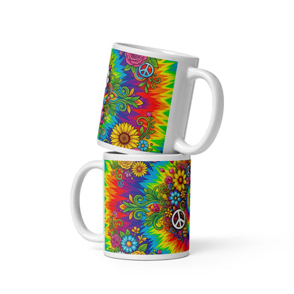 Psychedelic tie dye ceramic mug with vibrant rainbow swirls, peace signs, retro sunflowers, daisies, and butterflies.