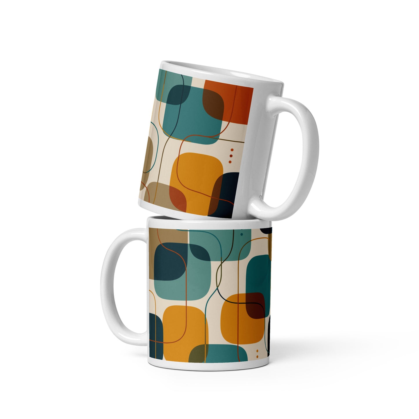 Retro geometric ceramic coffee mug featuring mid-century rounded squares and lines in teal, mustard yellow, and orange.