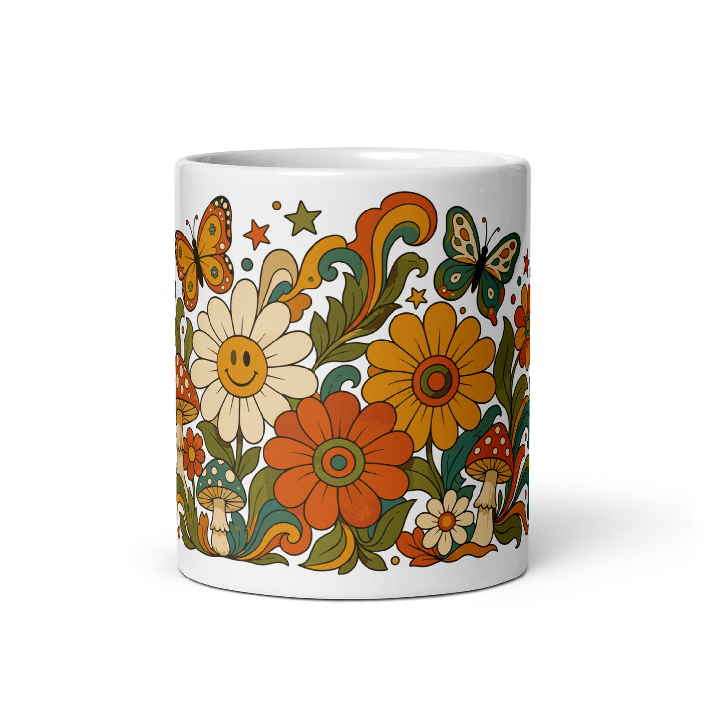 Retro 70s psychedelic ceramic mug featuring smiley daisies, red spotted mushrooms, and colorful butterflies.