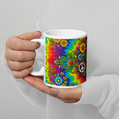 Psychedelic tie dye ceramic mug with vibrant rainbow swirls, peace signs, retro sunflowers, daisies, and butterflies.