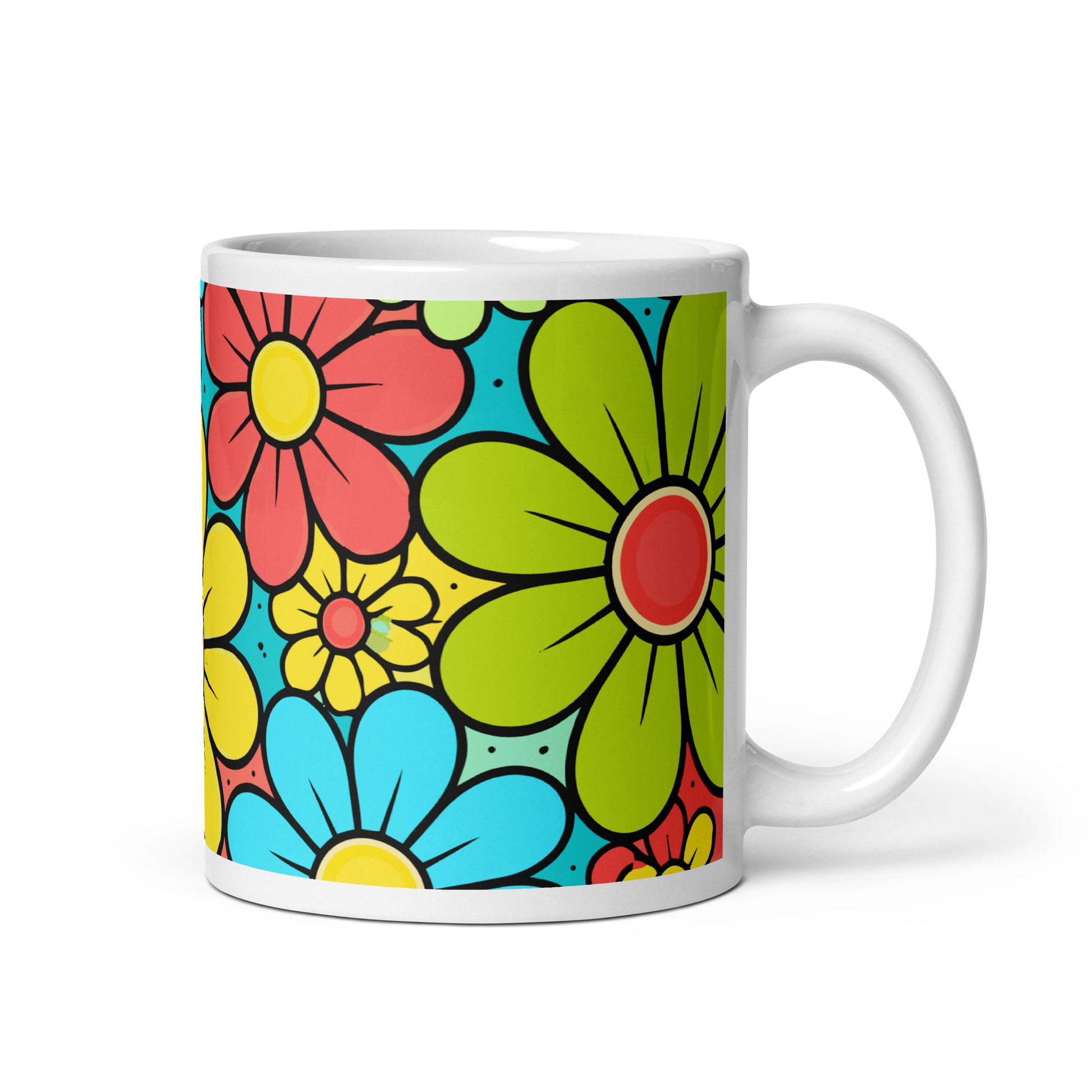 Vibrant retro 70s flower power pattern with teal, yellow, and red blossoms on a colorful floral ceramic mug.