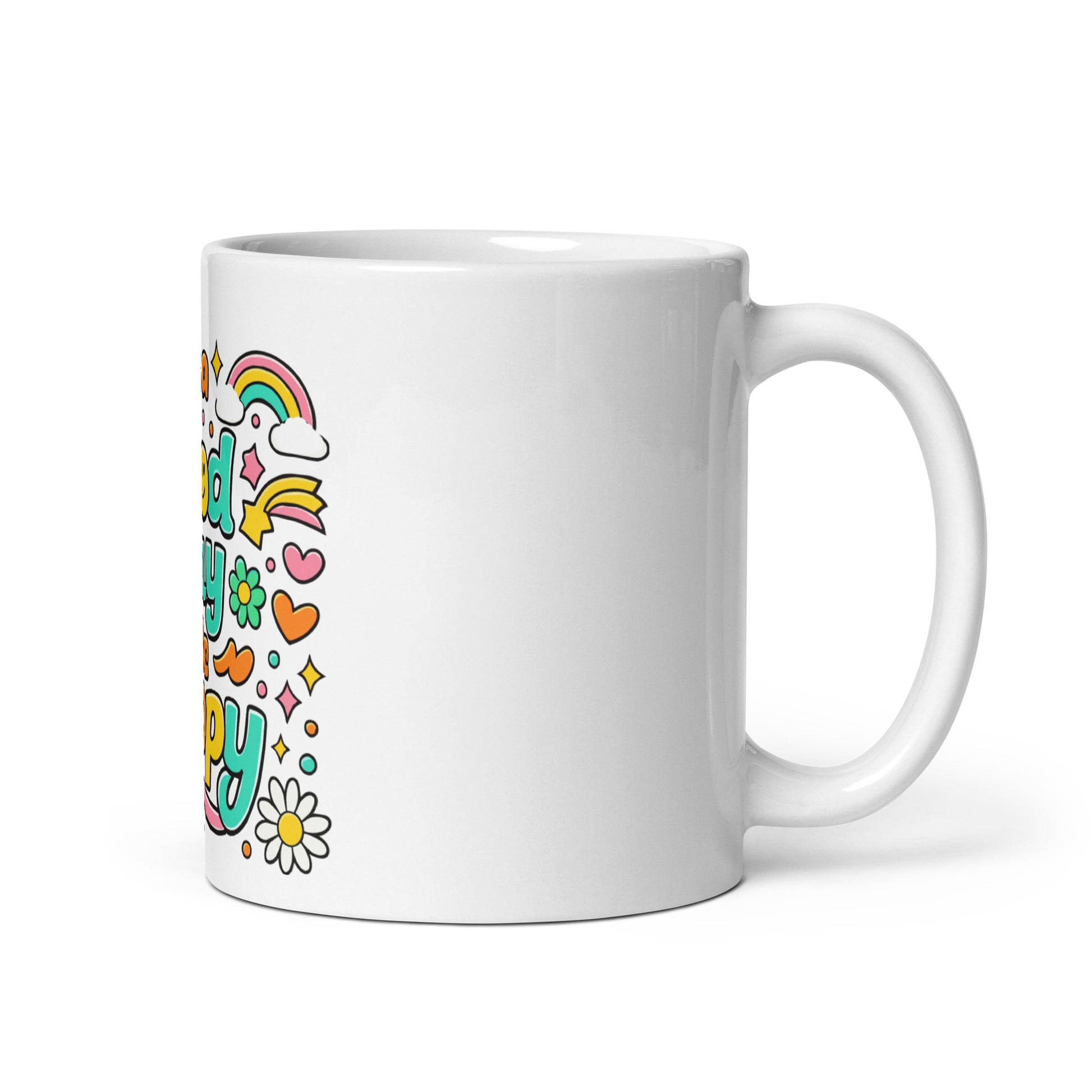 Groovy 70s style mug design with "It's a Good Day to Be Happy" text, rainbows, and daisies on a black background.