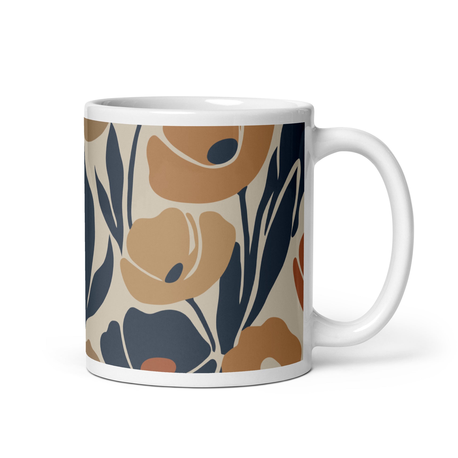 Ceramic coffee mug printed with a seamless retro floral pattern in earthy terracotta, ochre, and deep navy blue.