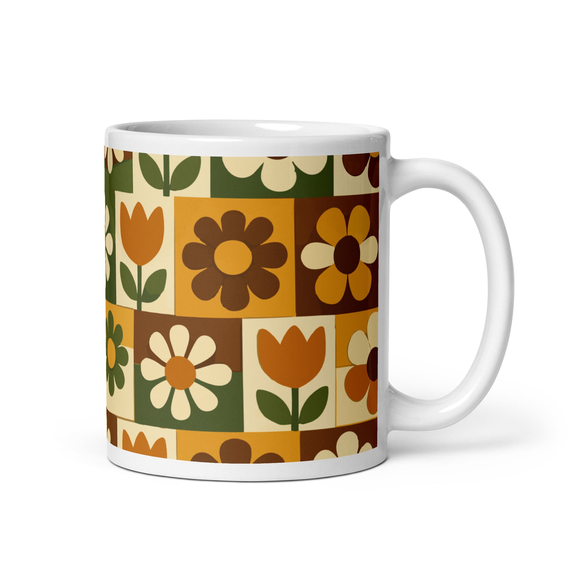 Ceramic mug featuring a 1970s retro floral grid pattern with groovy flowers in orange, brown, and olive green.
