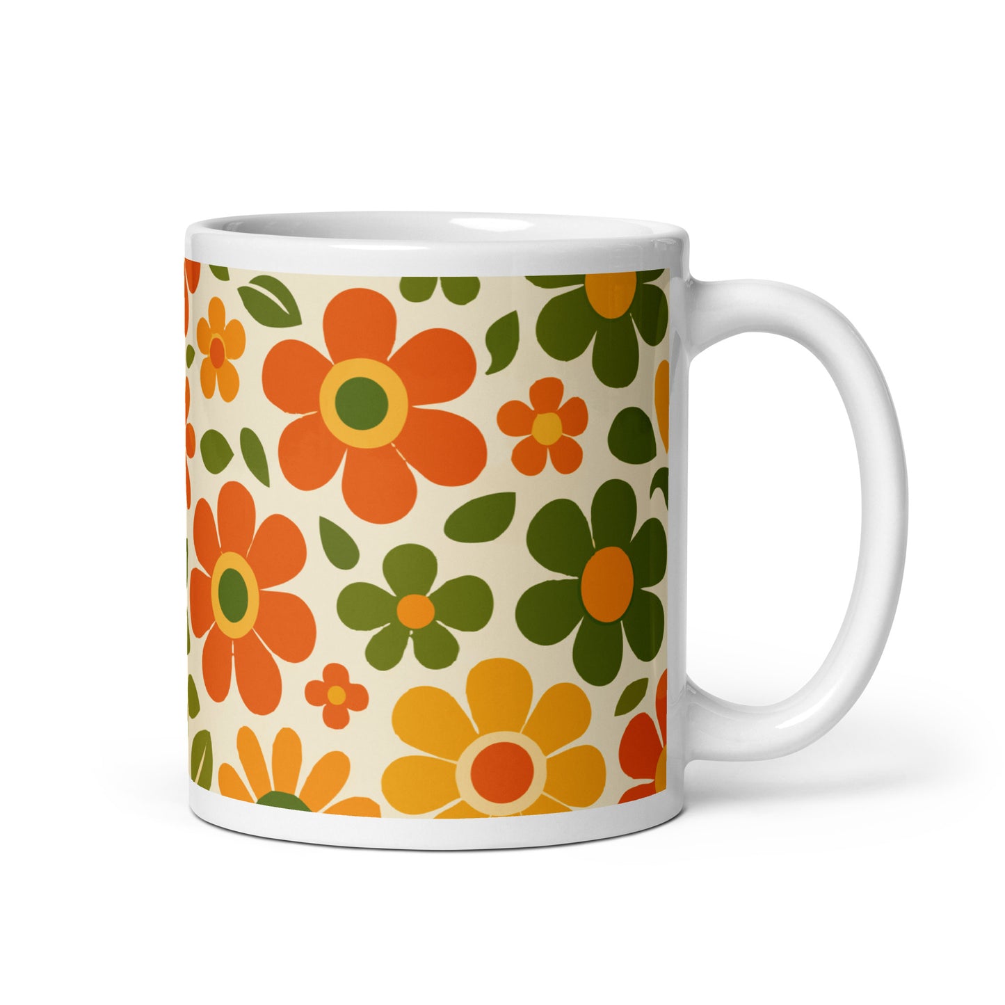 Groovy 1970s retro flower power pattern printed on a ceramic coffee mug with vibrant orange and yellow daisy graphics.