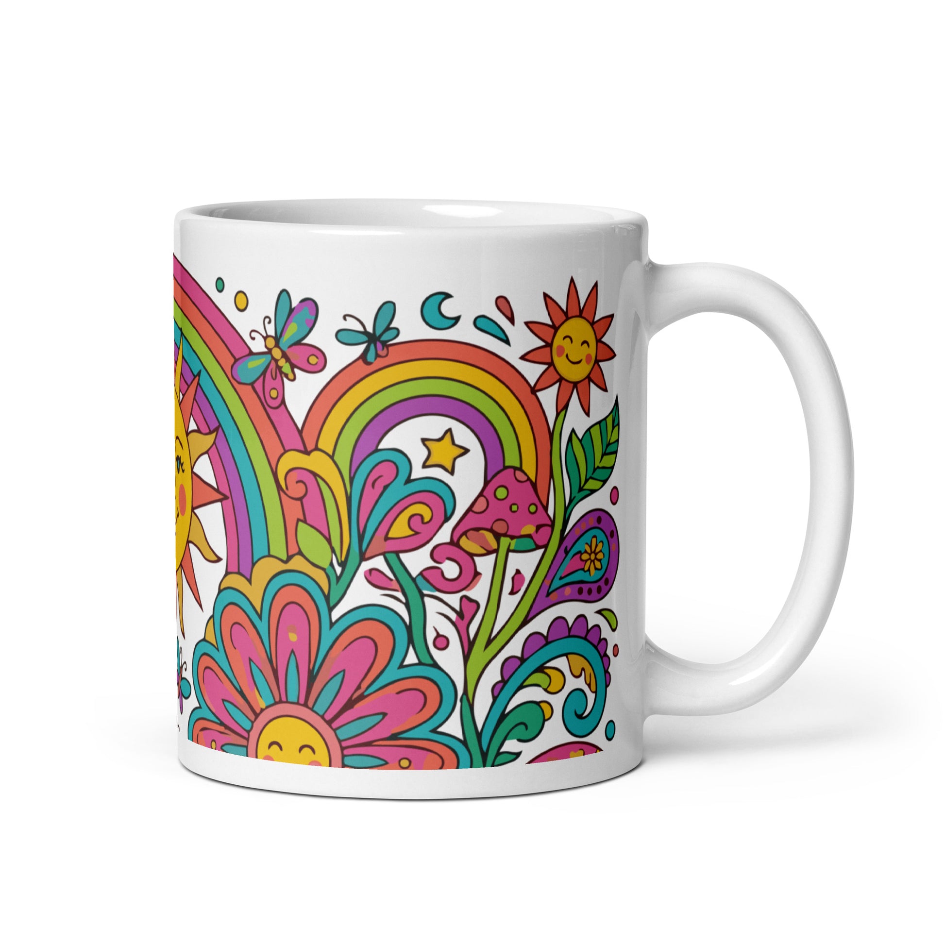 Vibrant 70s psychedelic ceramic mug design with smiling flowers, colorful rainbows, trippy mushrooms, and a sun.