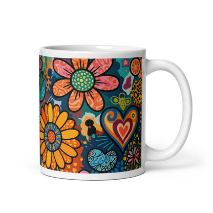 Vibrant retro psychedelic ceramic mug featuring colorful 60s flower power doodles and patterned hearts art.
