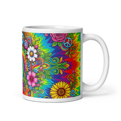 Psychedelic tie dye ceramic mug with vibrant rainbow swirls, peace signs, retro sunflowers, daisies, and butterflies.