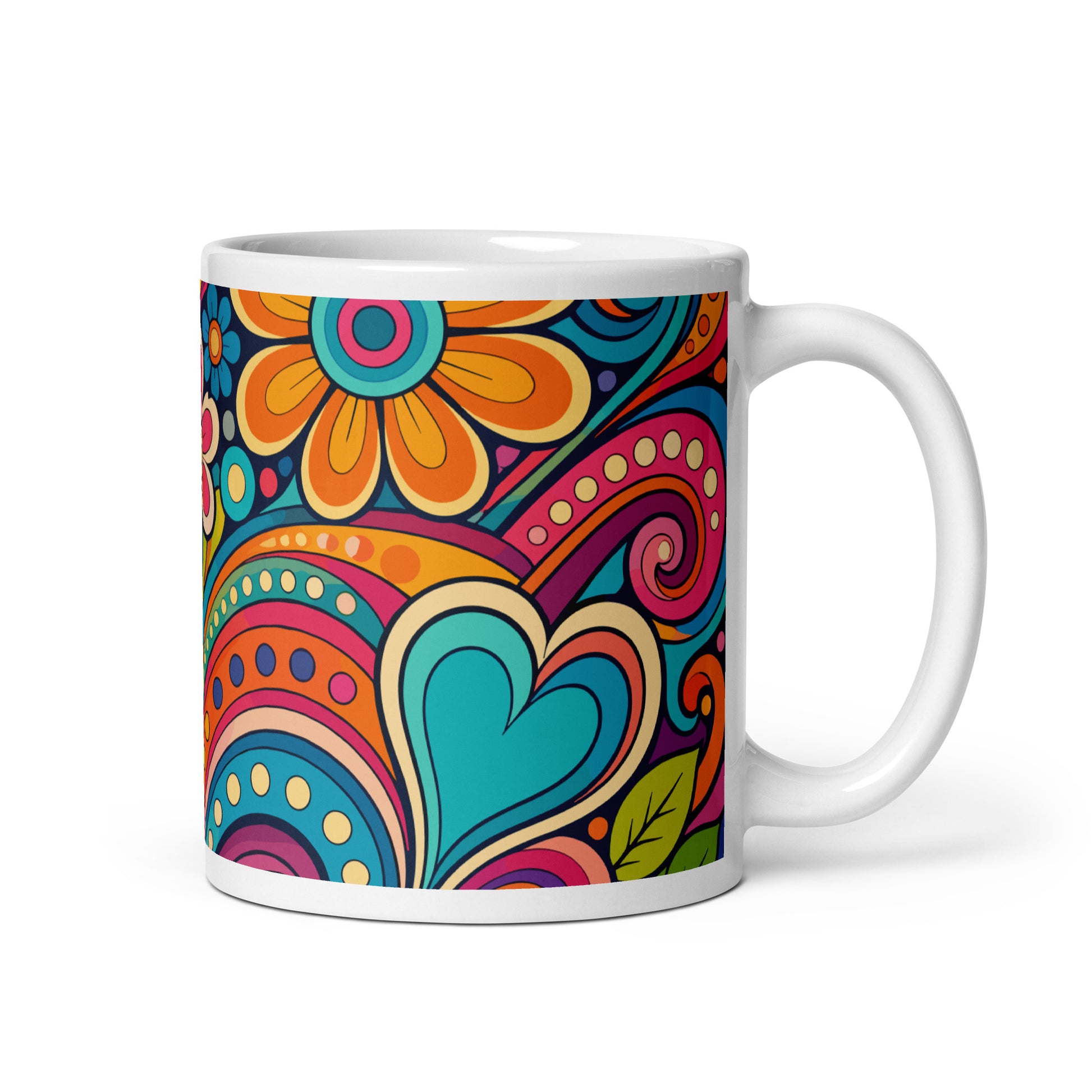 Vibrant retro 70s ceramic mug featuring a psychedelic doodle pattern of colorful flowers, groovy swirls, and hearts.