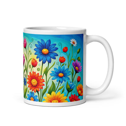 Vibrant retro flower power ceramic mug featuring a colorful field of psychedelic 1960s style wildflowers and daisies.