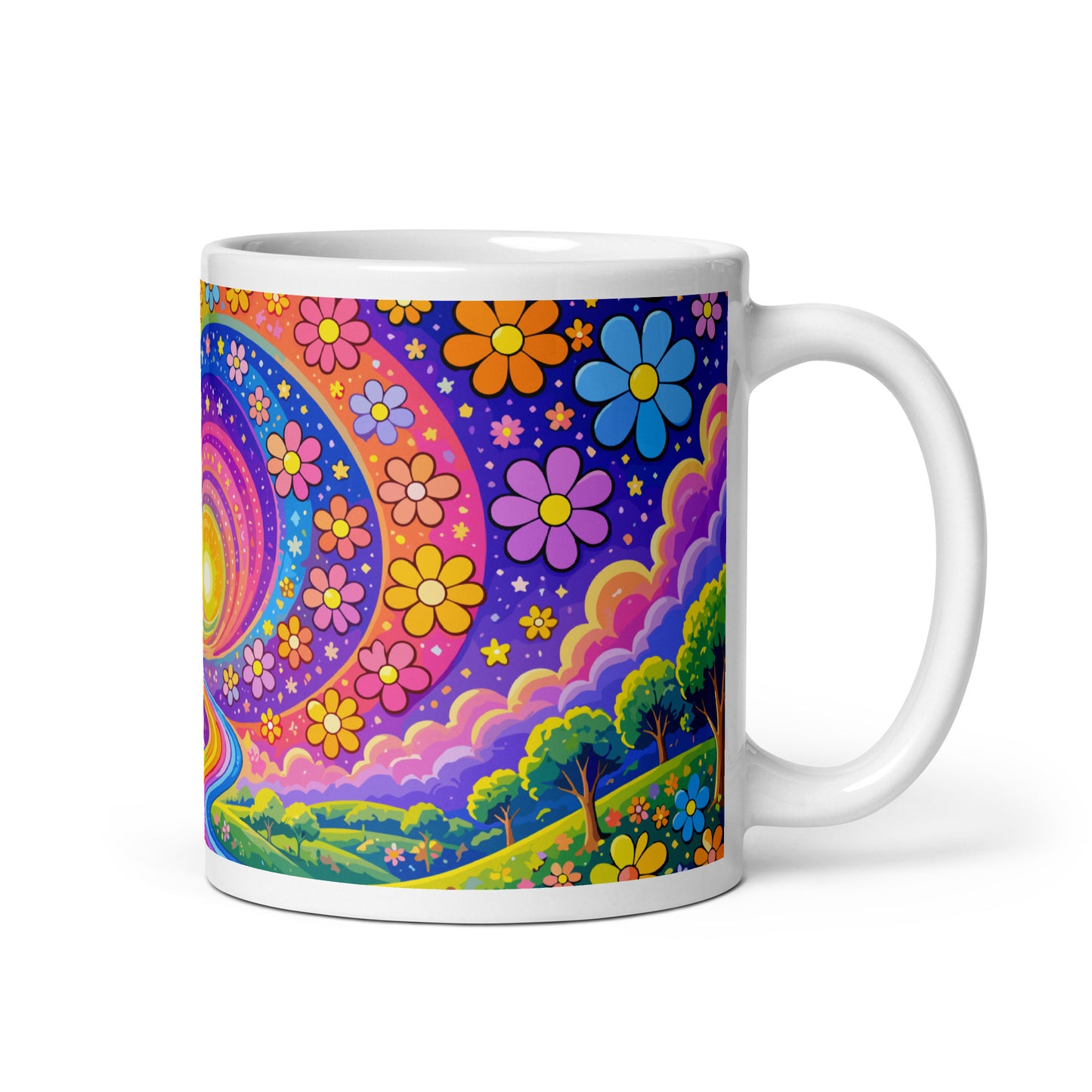 Psychedelic ceramic coffee mug featuring a vibrant rainbow road through green hills with colorful daisy flowers