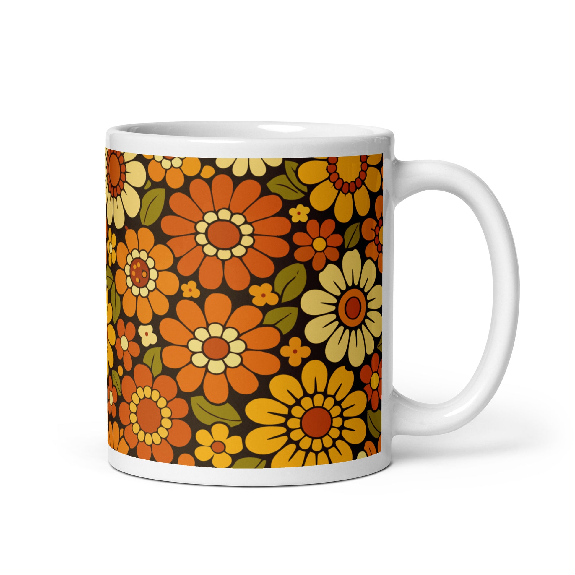 Retro 70s floral pattern ceramic mug featuring orange, yellow, and cream daisies on a dark brown background.