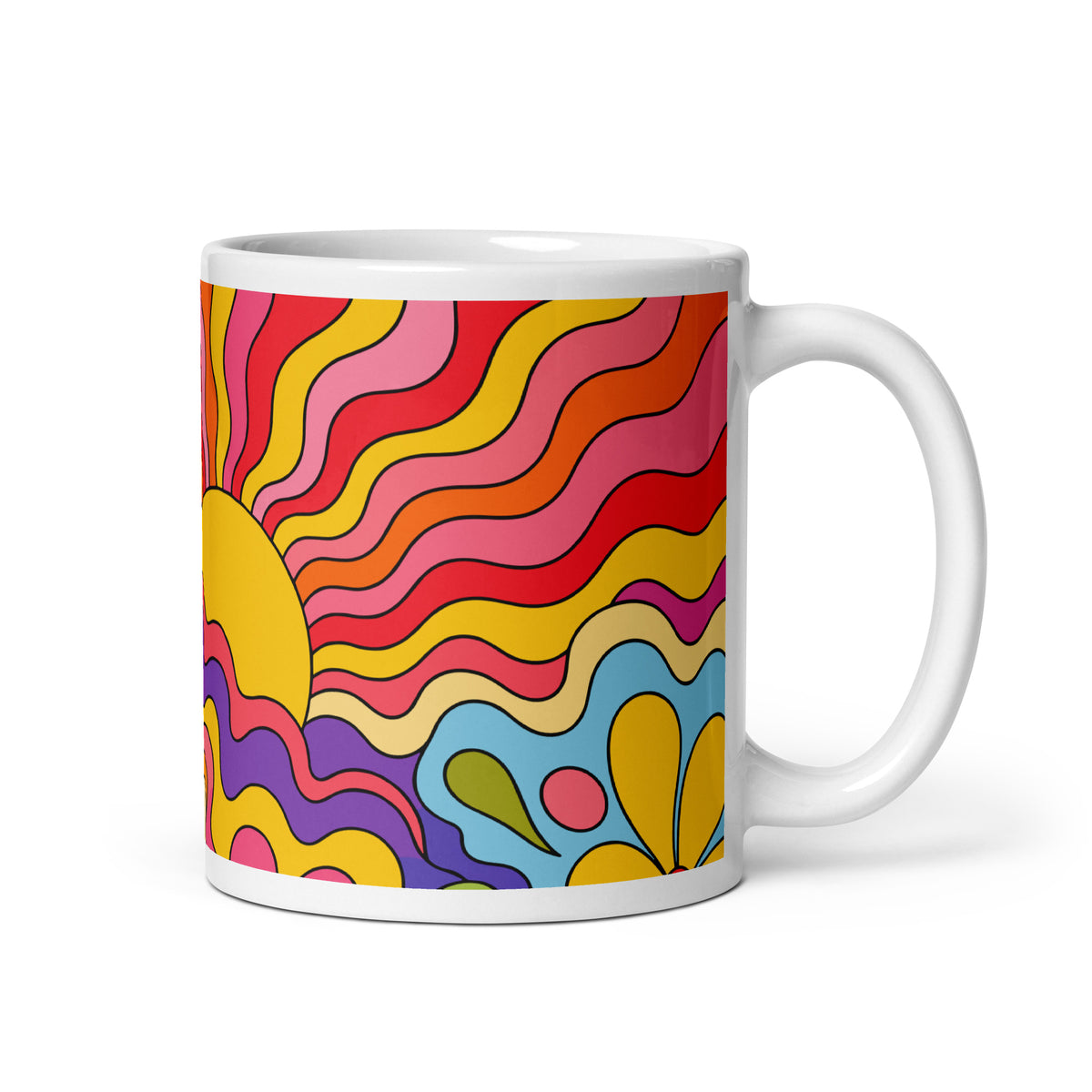 Vibrant 1970s psychedelic ceramic mug featuring a wavy retro sunburst sunset surrounded by colorful groovy flowers.