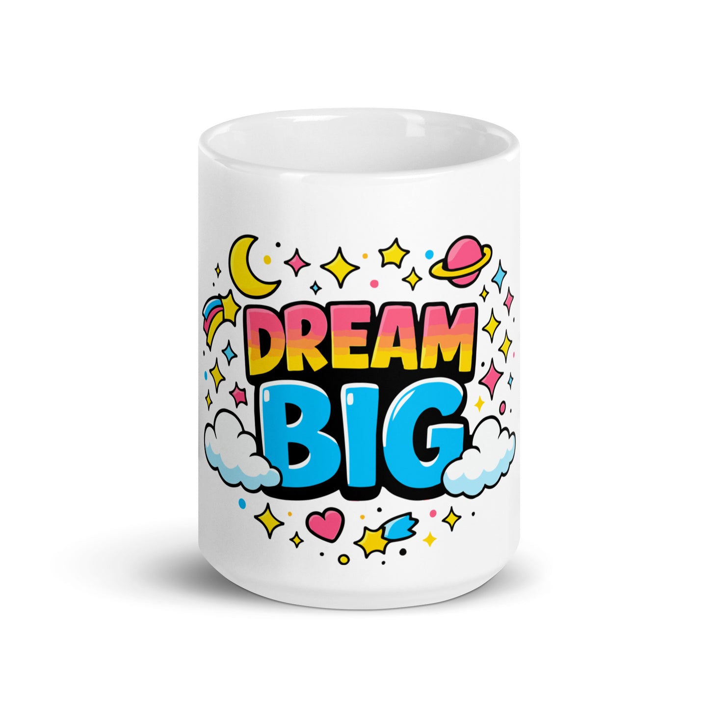 Vibrant "Dream Big" typography with a pink planet, yellow moon, and colorful stars on a black ceramic coffee mug.