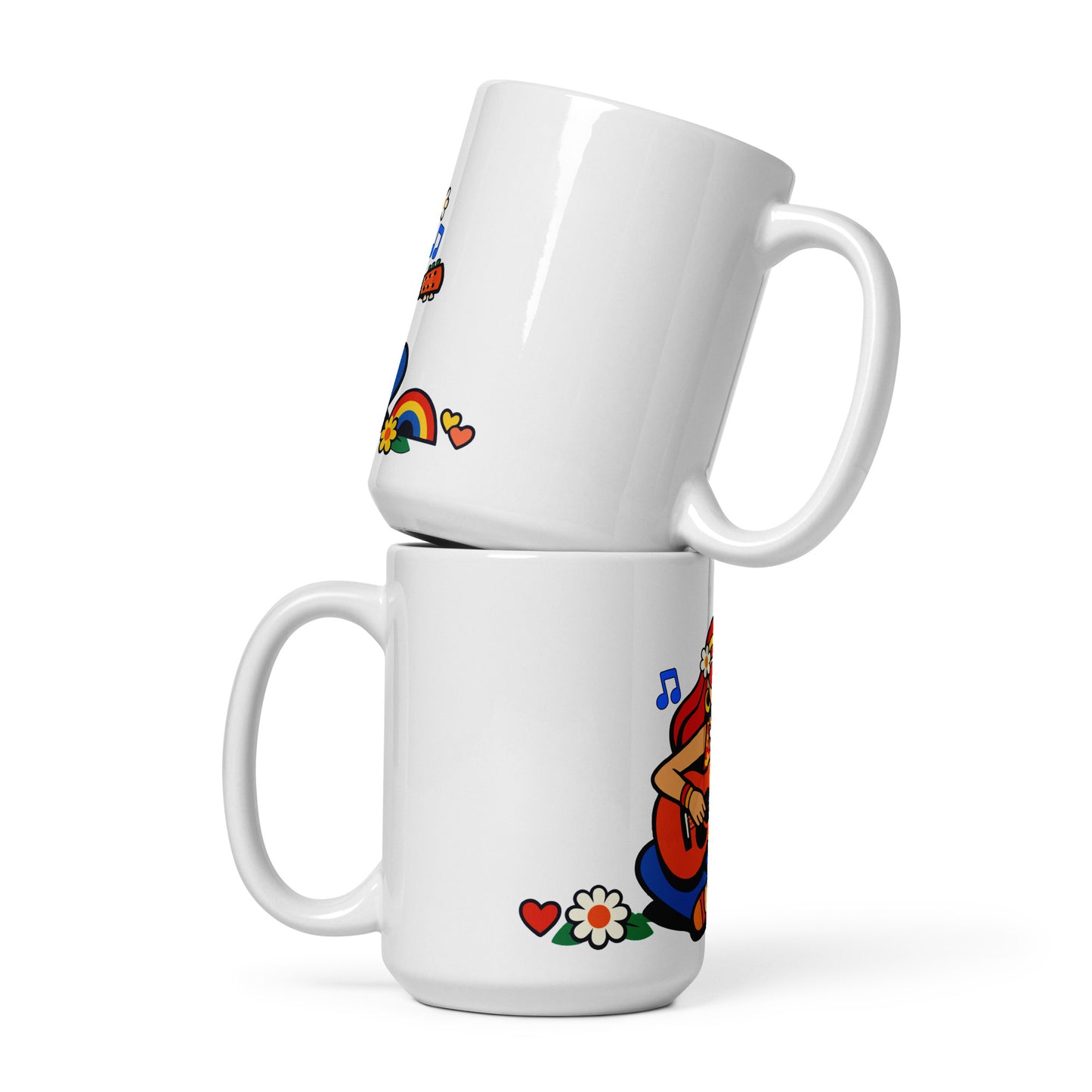 Retro illustration of a hippie girl with sunglasses playing guitar, printed on a ceramic coffee and tea mug.