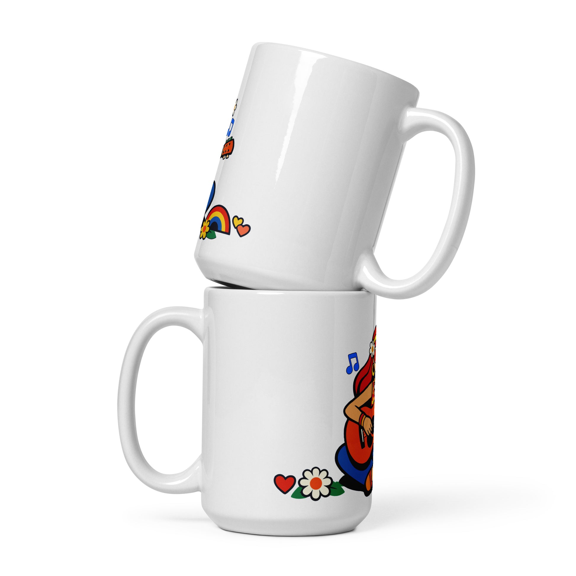 Retro illustration of a hippie girl with sunglasses playing guitar, printed on a ceramic coffee and tea mug.