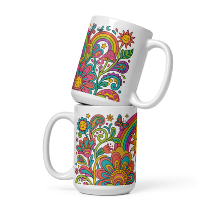 Vibrant 70s psychedelic ceramic mug design with smiling flowers, colorful rainbows, trippy mushrooms, and a sun.