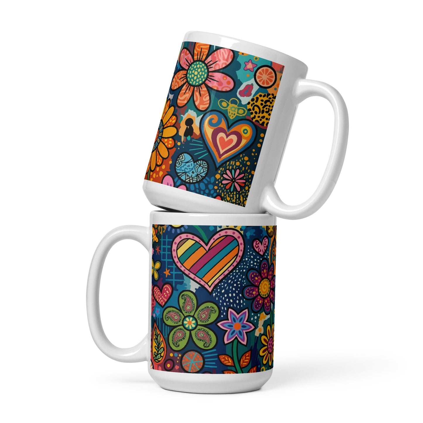 Vibrant retro psychedelic ceramic mug featuring colorful 60s flower power doodles and patterned hearts art.