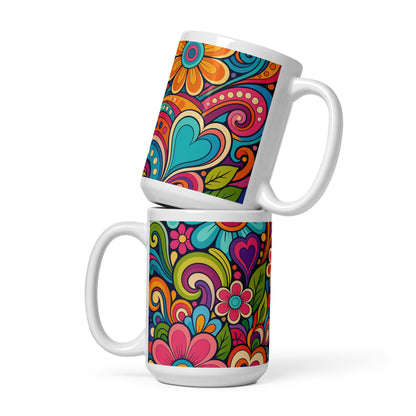 Vibrant retro 70s ceramic mug featuring a psychedelic doodle pattern of colorful flowers, groovy swirls, and hearts.