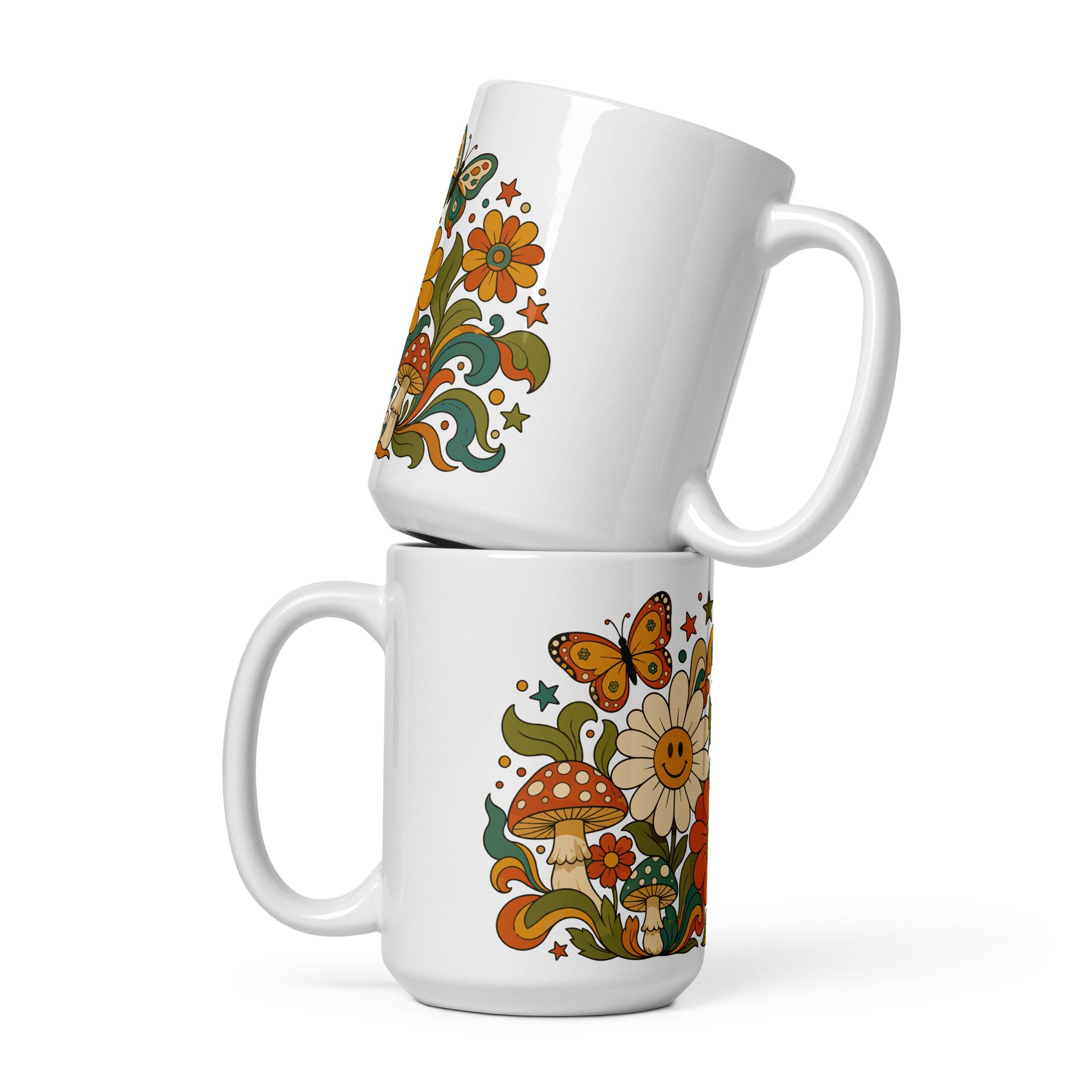 Retro 70s psychedelic ceramic mug featuring smiley daisies, red spotted mushrooms, and colorful butterflies.