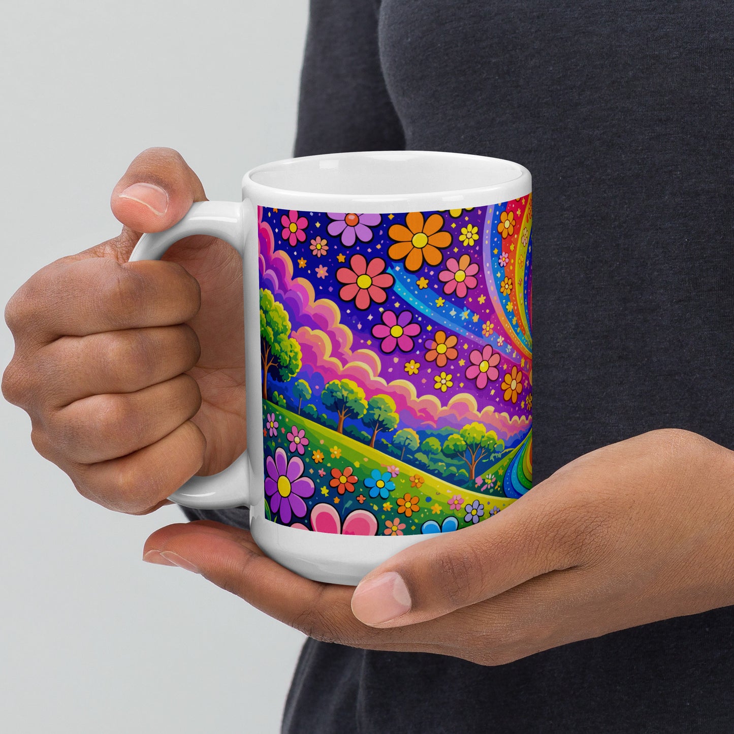 Psychedelic ceramic coffee mug featuring a vibrant rainbow road through green hills with colorful daisy flowers