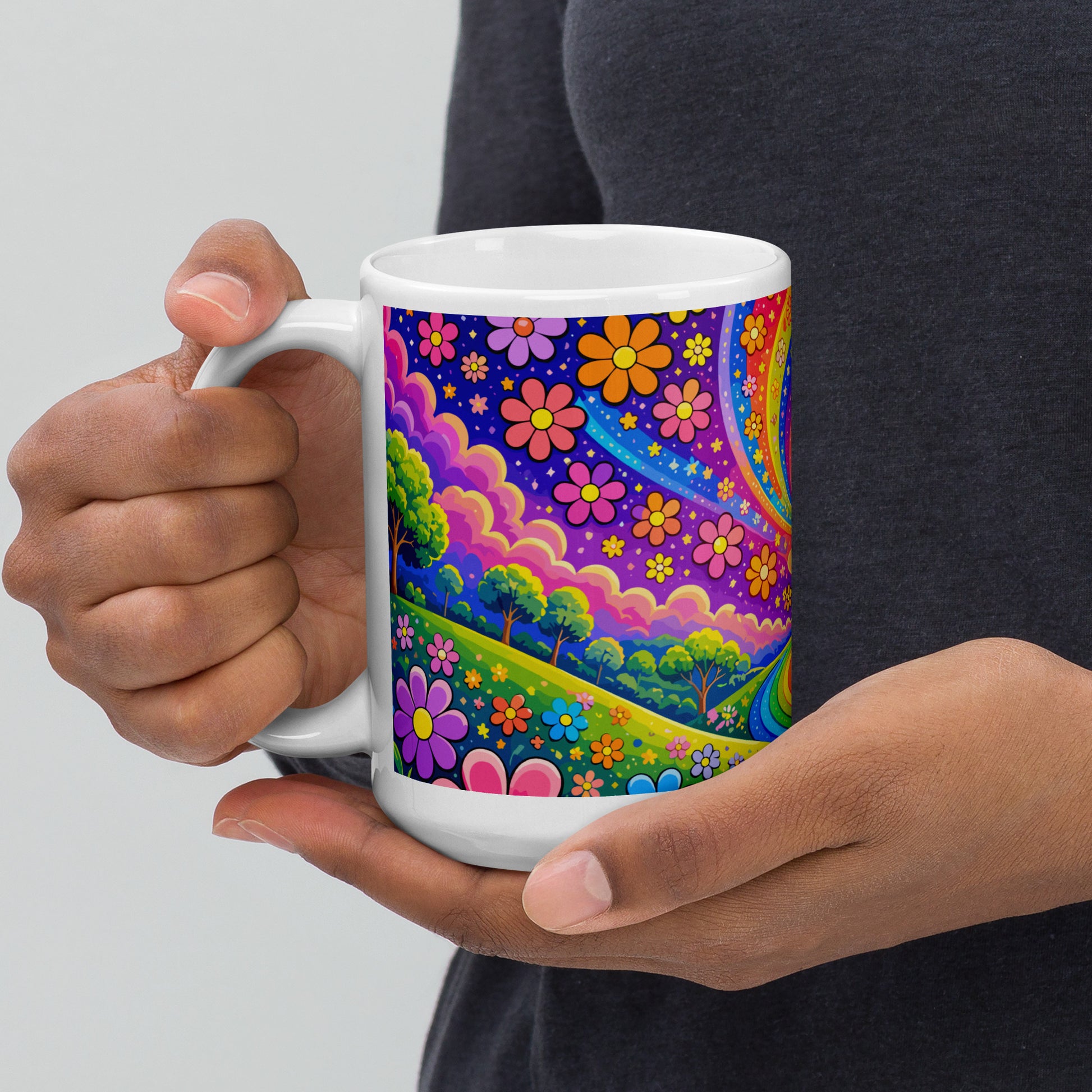 Psychedelic ceramic coffee mug featuring a vibrant rainbow road through green hills with colorful daisy flowers