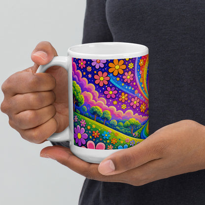 Psychedelic ceramic coffee mug featuring a vibrant rainbow road through green hills with colorful daisy flowers